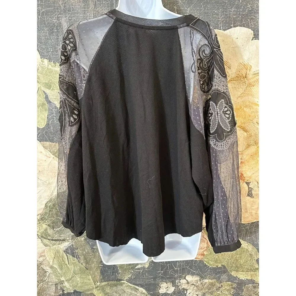 NEW Free People Toni Top Black Mesh Relaxed Fit Size M